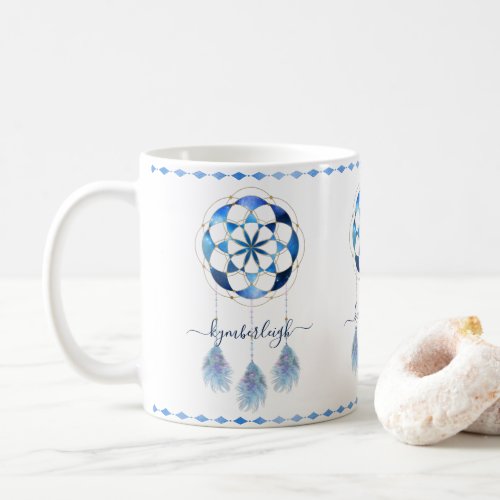 Boho Blue Celestial Mandala Dreamcatcher Monogram Coffee Mug