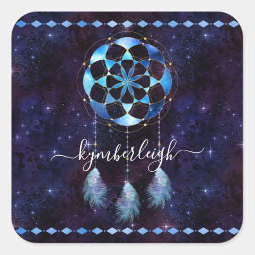 Boho Blue Celestial Mandala Dreamcatcher Monogram Square Sticker