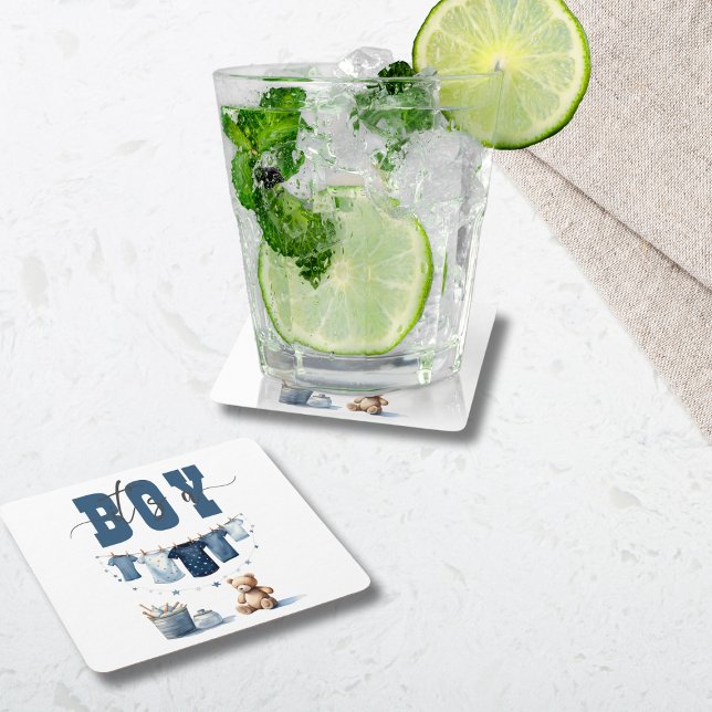 Boho Blue Clothesline Sweet Its a Boy Baby Shower Square Paper Coaster (Creator Uploaded)