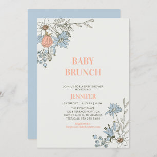 Boho Blue & Coral Floral Baby Brunch Shower Invitation
