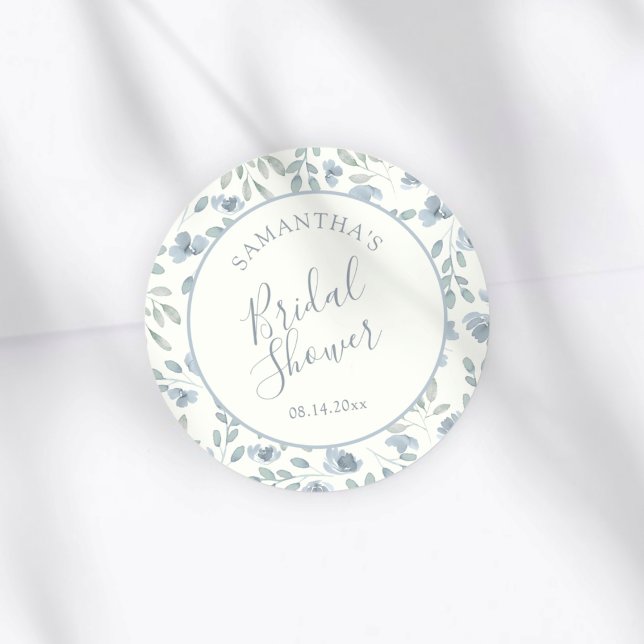 Boho Blue & Cream Bridal Shower Favor Classic Round Sticker (Creator Uploaded)