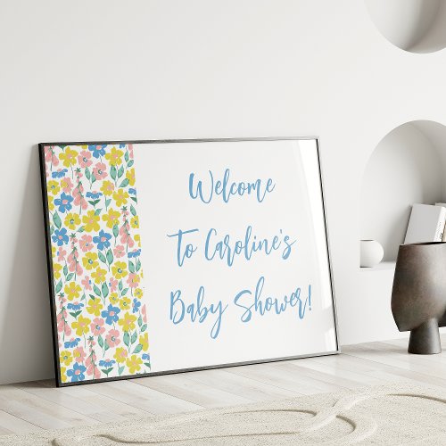 Boho Blue Ditsy Floral Custom Baby Shower Welcome Poster