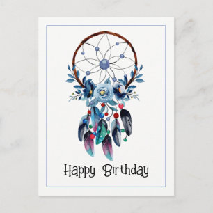 Boho Blue Dreamcatcher Feather Floral Happy Bday Postcard