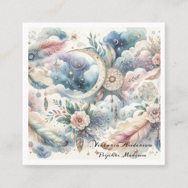 Boho Blue Dreamcatcher Psychic Reading Logo Square Business Card (Front)