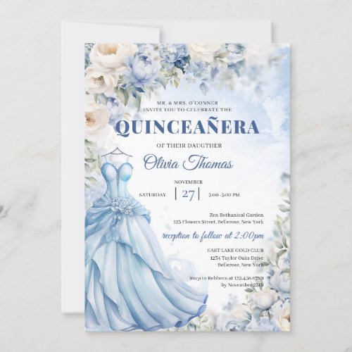 Boho Blue Dress  tiara hydrangea and white roses Invitation