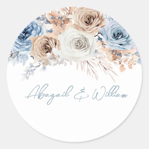 Boho Blue Dusty Blue Bohemian Floral Wedding Classic Round Sticker