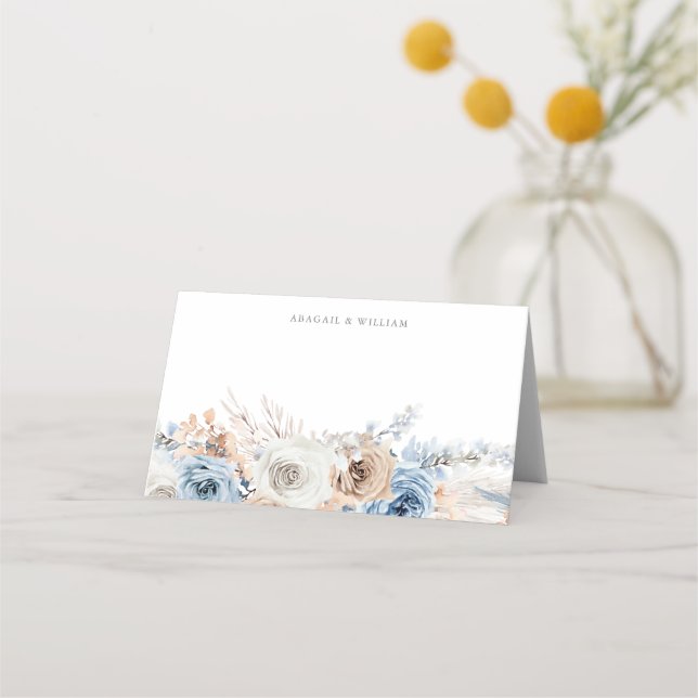 Boho Blue: Dusty Blue Bohemian Floral Wedding  Place Card (Front)