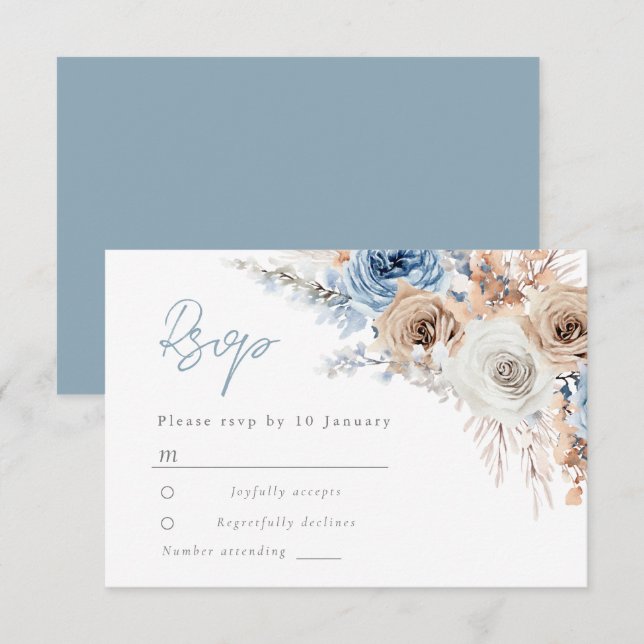 Boho Blue: Dusty Blue Bohemian Floral Wedding RSVP Card (Front/Back)