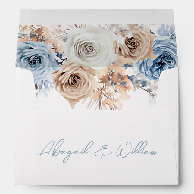 Boho Blue Dusty Blue Bohemian Floral Wedding White Envelope (Back (Bottom))