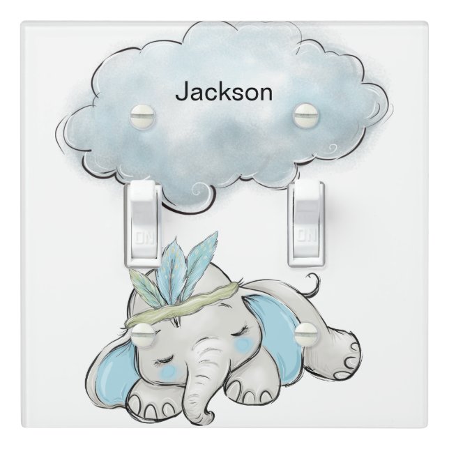 Boho Blue Elephant Child's Name Light Switch Cover (In Situ)