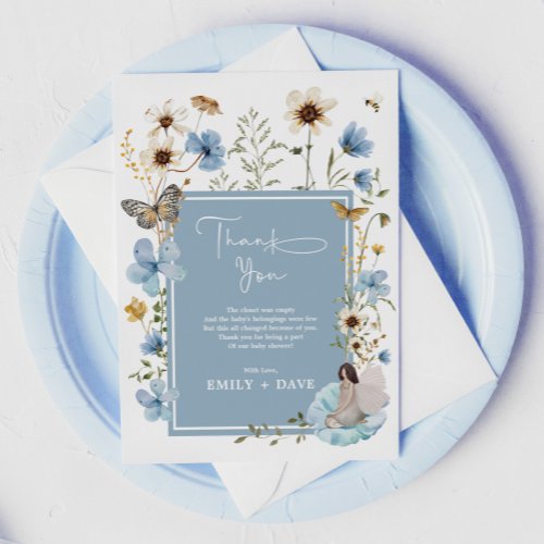 Boho Blue Fairy Wildflower Garden Baby Shower Thank You Card