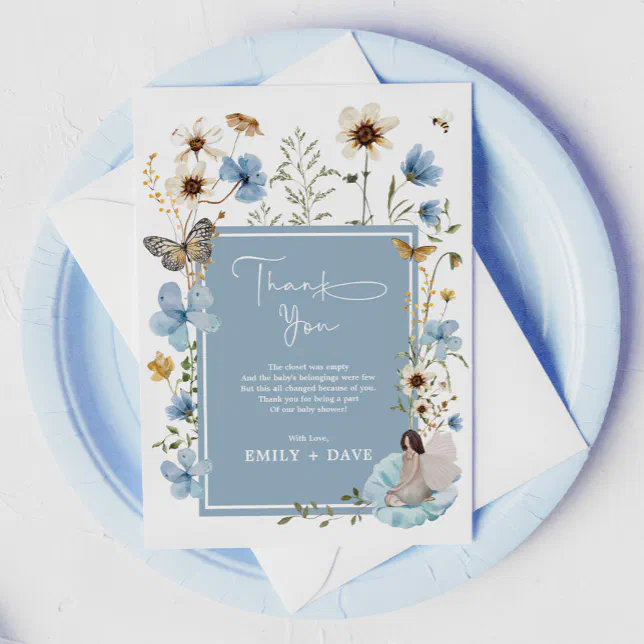 Boho Blue Fairy Wildflower Garden Baby Shower Thank You Card | Zazzle