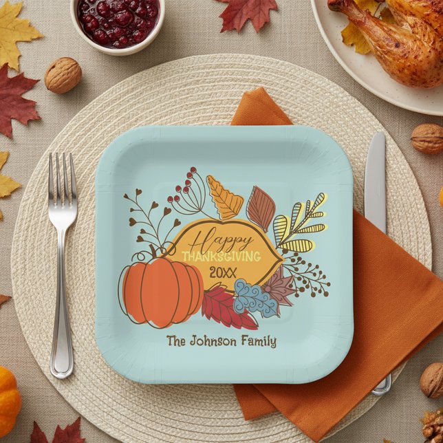 Boho Blue Fall Foliage Family Thanksgiving Paper Plates (Creator Uploaded)