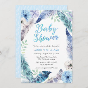 Boho blue feather Baby Shower invitation
