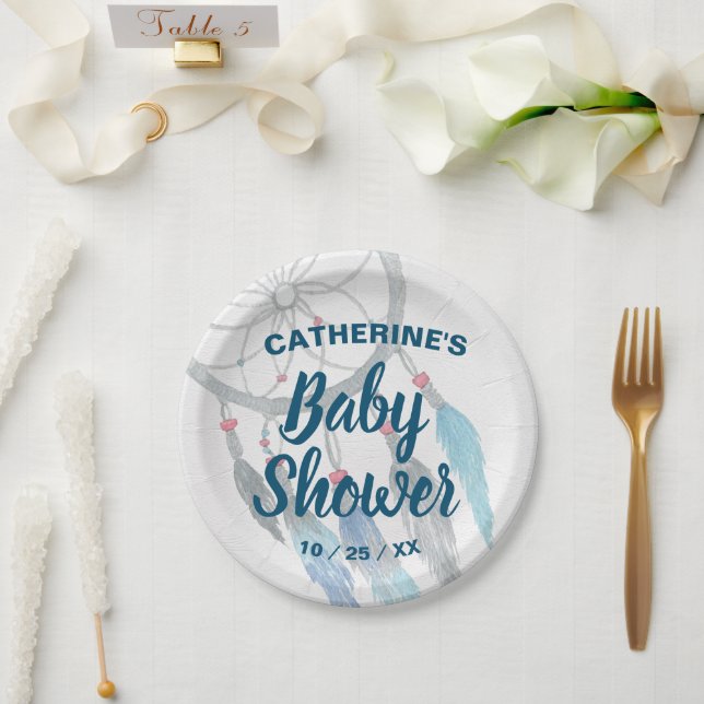 Boho Blue Feather Dreamcatcher Baby Shower Paper Plates (Wedding)
