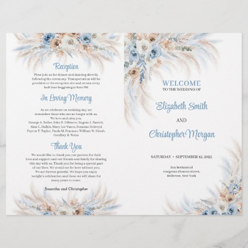 Boho Blue Floral and Ivory Roses Pampas