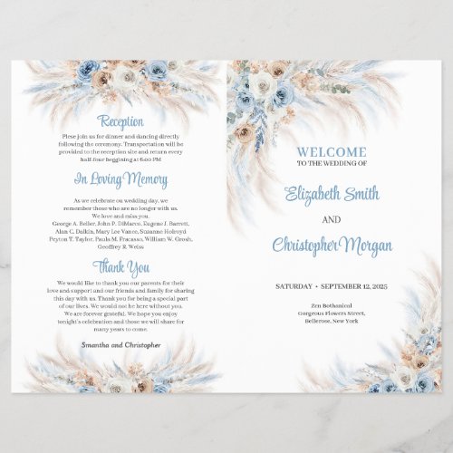 Boho Blue Floral and Ivory Roses Pampas