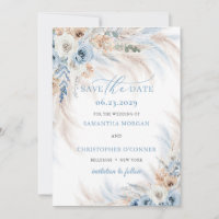 Boho Blue Floral and Ivory Roses Pampas Grass