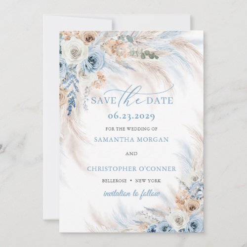 Boho Blue Floral and Ivory Roses Pampas Grass  Save The Date