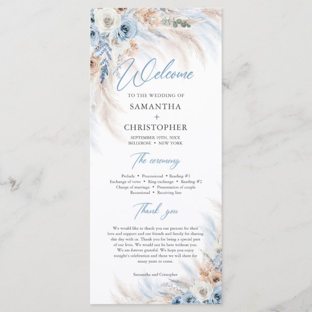 Boho Blue Floral and Ivory Roses Pampas wedding Program (Front)