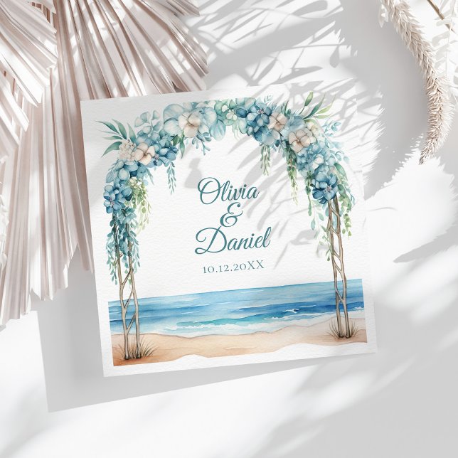 Boho Blue Floral Arch Beach Wedding Paper Dinner Napkins (Boho Blue Floral Arch Beach Wedding Paper Dinner Napkins on a sunny table with boho dry flowers)