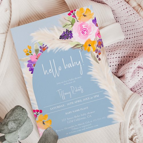 Boho blue floral arch boy hello baby shower invitation