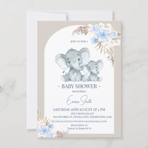 Boho Blue Floral Arch Elephant Baby Shower Invitation