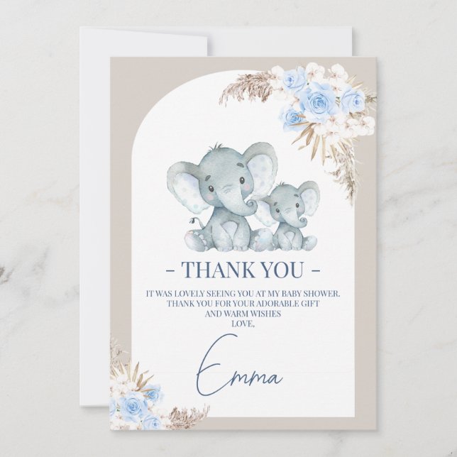 Boho Blue Floral Arch Elephant Thank You Card (Front)