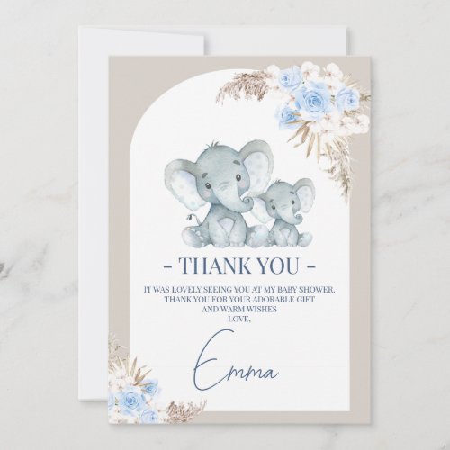 Boho Blue Floral Arch Elephant Thank You Card