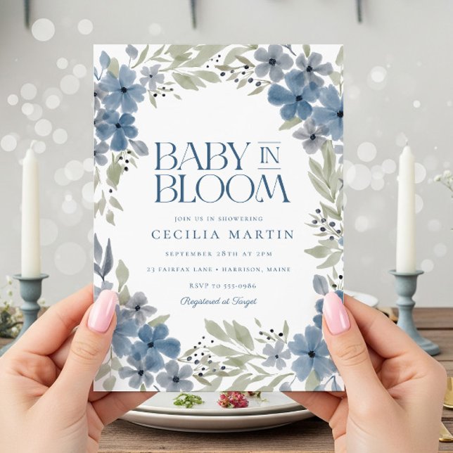 Boho Blue Floral Baby in Bloom Boy Baby Shower Invitation (Creator Uploaded)