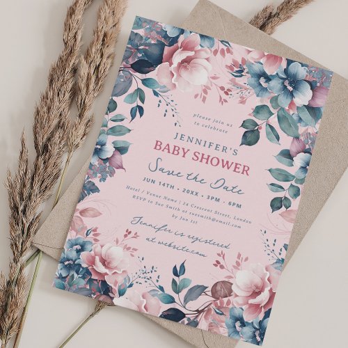Boho Blue Floral Baby Shower Save Date Blush Invitation