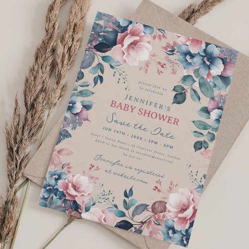 Boho Blue Floral Baby Shower Save Date Champagne Invitation