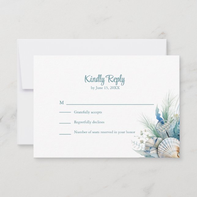 Boho Blue Floral Beach and Shell Wedding RSVP Card (Front)