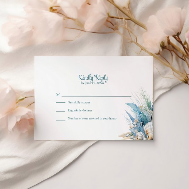 Boho Blue Floral Beach and Shell Wedding RSVP Card (Boho Blue Floral Beach and Shell Wedding RSVP Card on a table with blush pink flowers.)