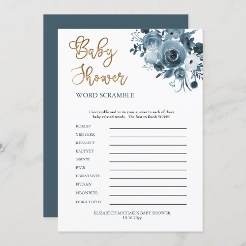 Boho Blue Floral Boy Baby Shower Word Scramble Invitation