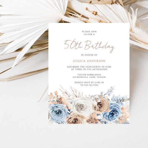 Boho Blue Floral Budget 50th Birthday Invitation