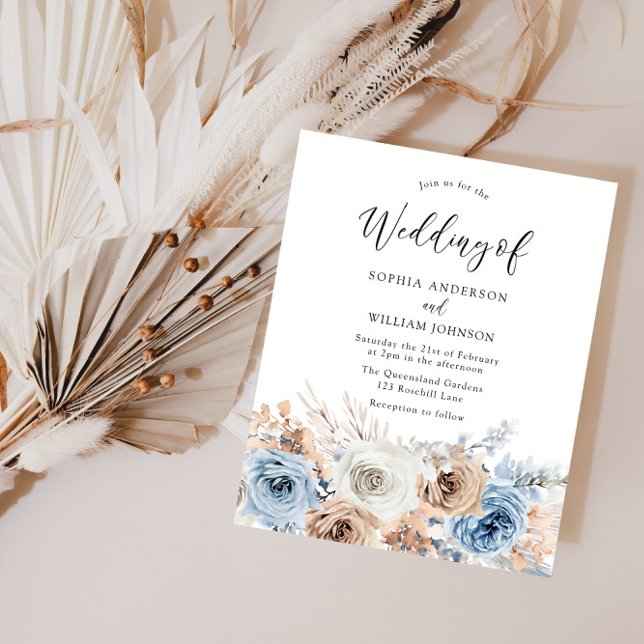 Boho Blue Floral Budget Wedding Invitation  (Creator Uploaded)