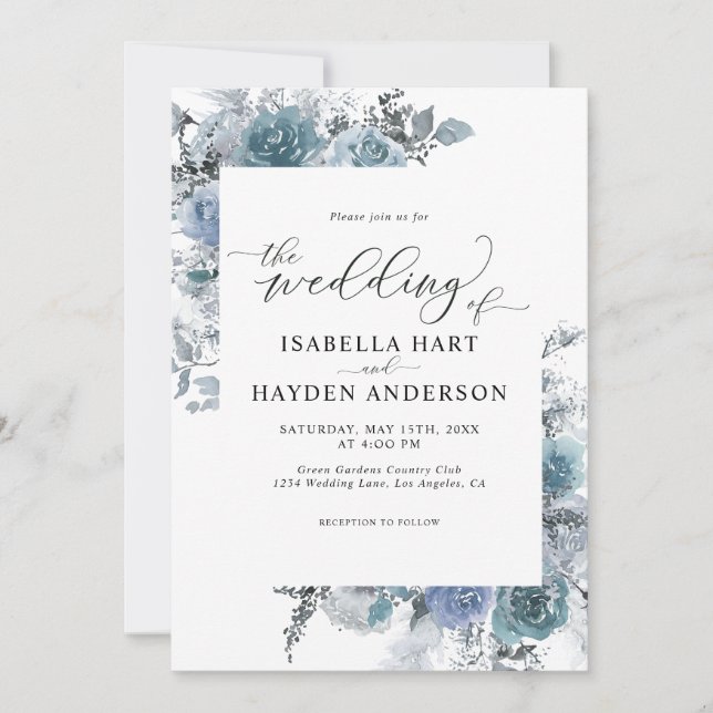 Boho Blue Floral Dusty Slate Pastel Wedding Invita Invitation (Front)