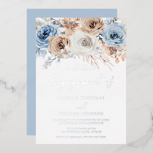 Boho Blue Floral Engagement Party Silver Foil Invitation