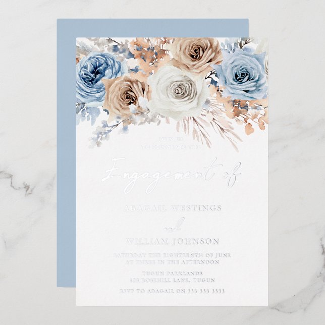 Boho Blue Floral Engagement Party Silver Foil Invitation (Front/Back)