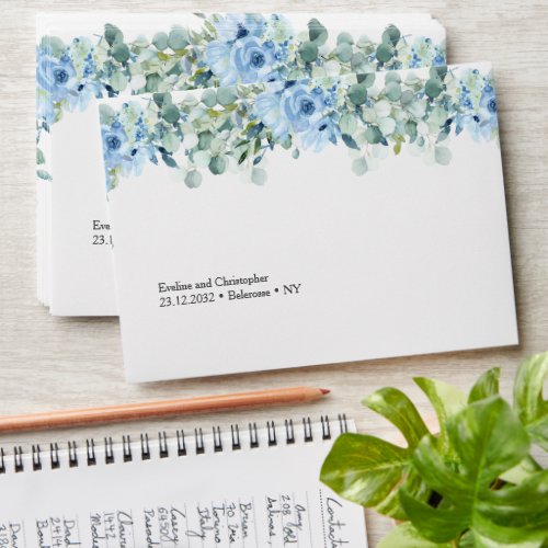 Boho blue floral eucalyptus and gold frame liner envelope