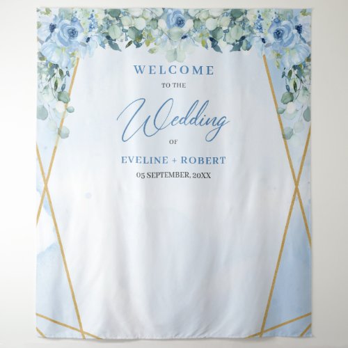 Boho blue floral eucalyptus and gold frame Wedding Tapestry