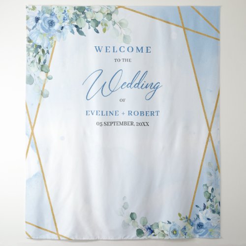 Boho blue floral eucalyptus and gold frame Wedding Tapestry