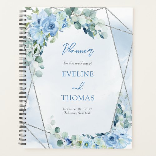 Boho blue floral eucalyptus and silver glitter planner