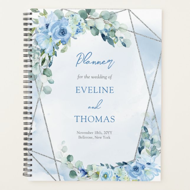 Boho blue floral eucalyptus and silver glitter planner (Front)