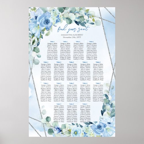 Boho blue floral eucalyptus and silver seating poster