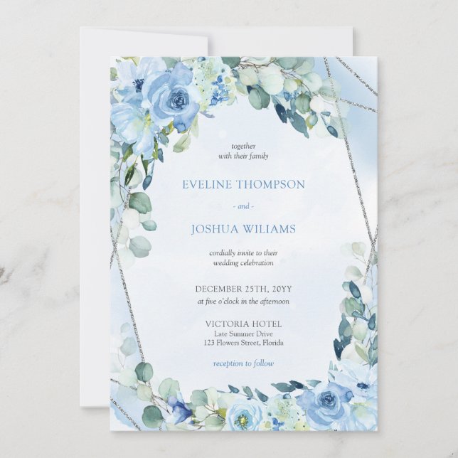 Boho blue floral eucalyptus and silver wedding invitation (Front)