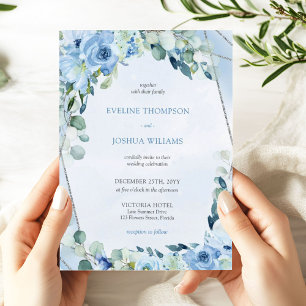 Boho blue floral eucalyptus and silver wedding invitation