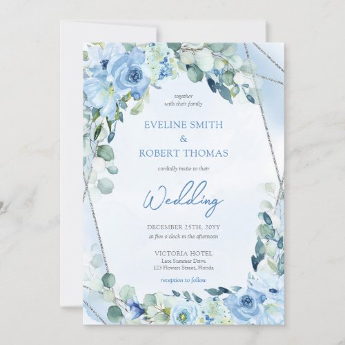 Boho blue floral eucalyptus and silver wedding invitation
