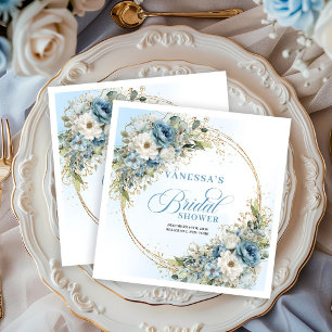 Boho blue floral eucalyptus gold bridal shower   paper dinner napkins